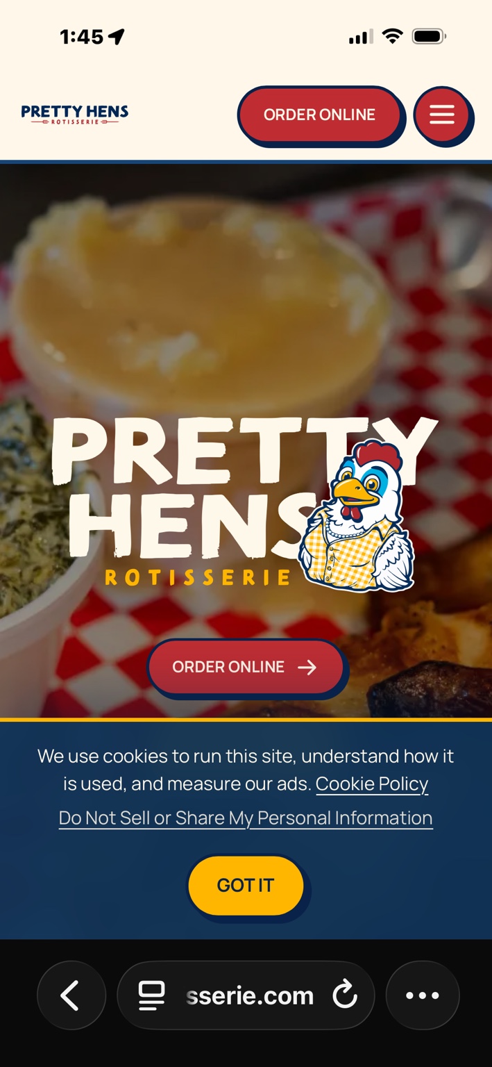 Pretty Hens rotisserie chicken meal with house sides and sauces